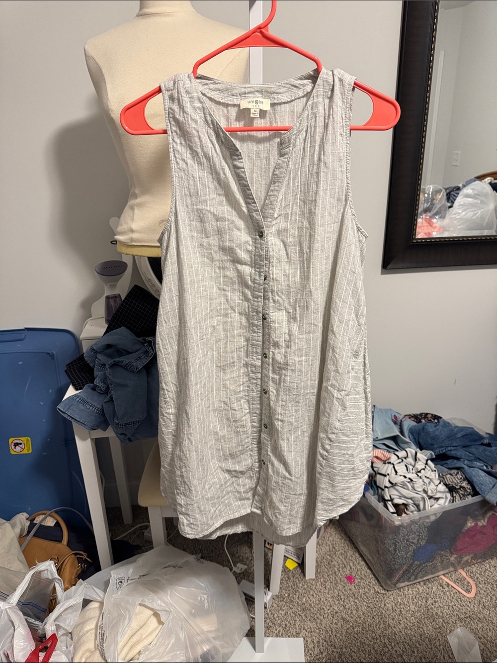 Umgee Light Gray Striped Sleeveless Button midi dress